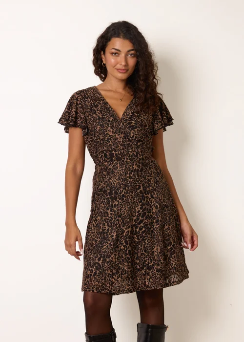 Blue Vanilla Brown Leopard Print Lace Frill Sleeve Wrap Mini Dress - L Image 1