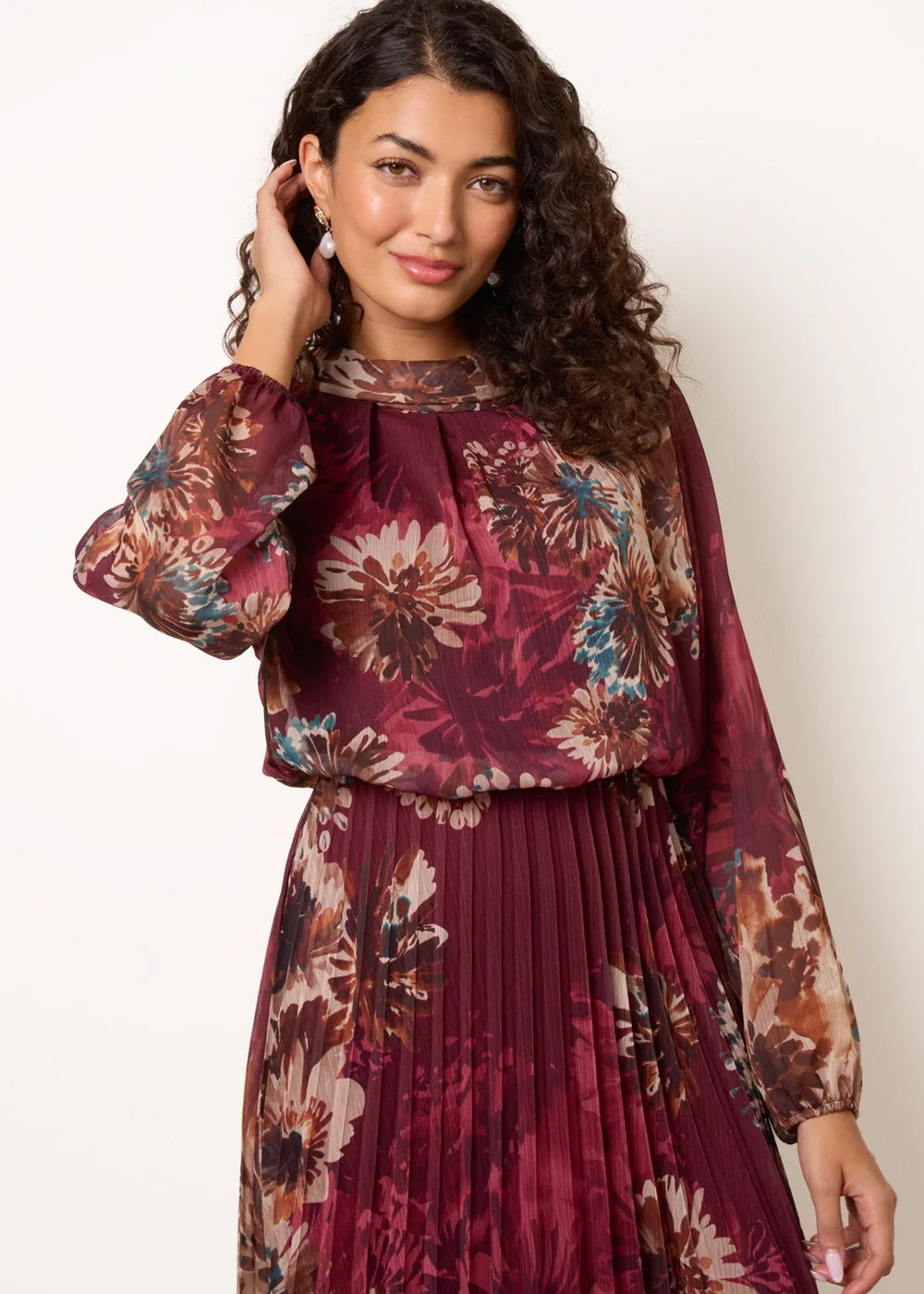 Blue Vanilla Burgundy Floral Cowl Neck Long Sleeve Pleated Chiffon Dress - L Image 3