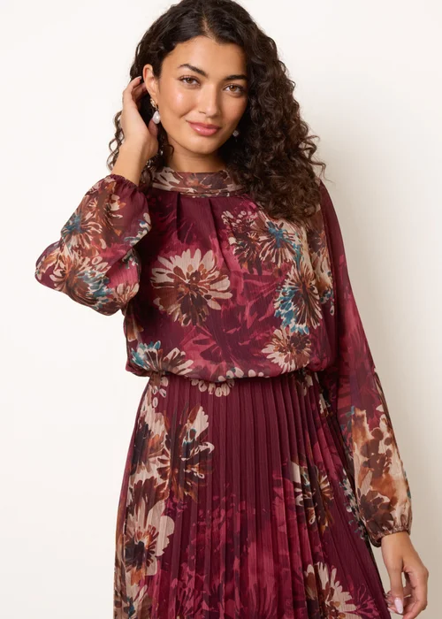 Blue Vanilla Burgundy Floral Cowl Neck Long Sleeve Pleated Chiffon Dress - L Image 3