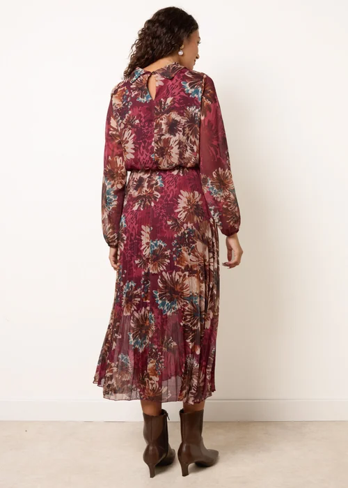 Blue Vanilla Burgundy Floral Cowl Neck Long Sleeve Pleated Chiffon Dress - L Image 4