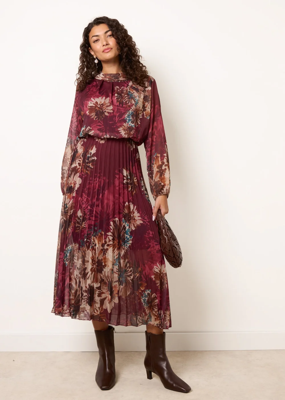 Blue Vanilla Burgundy Floral Cowl Neck Long Sleeve Pleated Chiffon Dress - L Image 1
