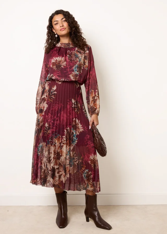 Blue Vanilla Burgundy Floral Cowl Neck Long Sleeve Pleated Chiffon Dress