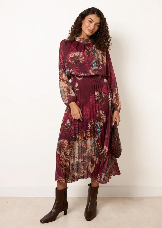 Blue Vanilla Burgundy Floral Cowl Neck Long Sleeve Pleated Chiffon Dress