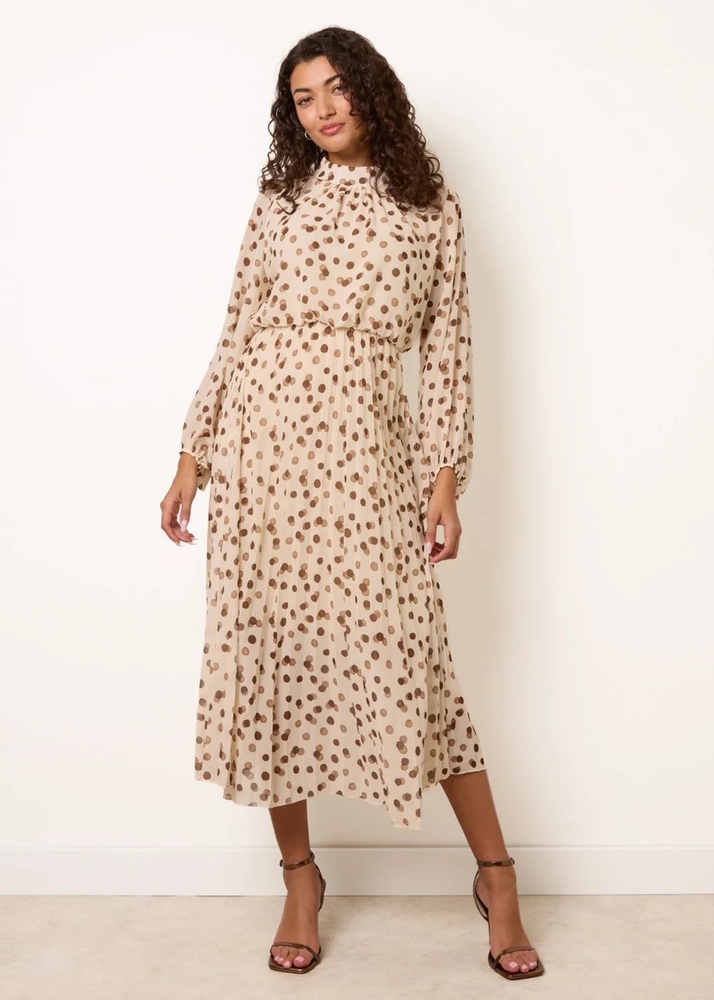Blue Vanilla Ivory Shadow Polka Dot High Neck Pleated Dress - S Image 3