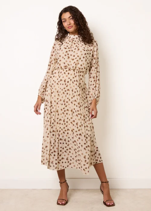 Blue Vanilla Ivory Shadow Polka Dot High Neck Pleated Dress - S Image 3
