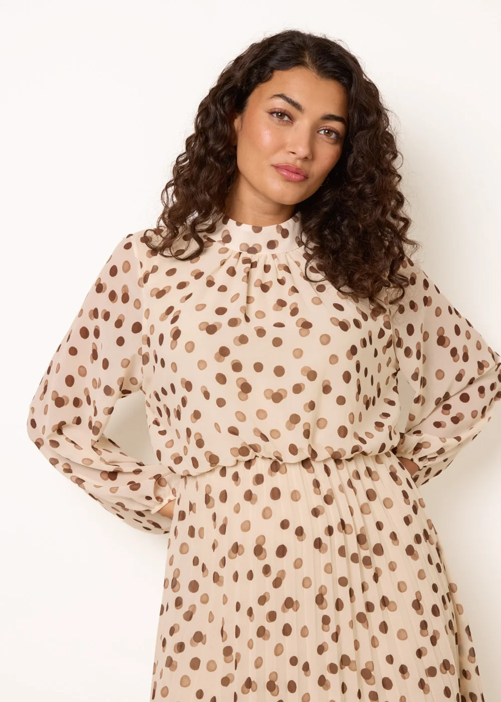 Blue Vanilla Ivory Shadow Polka Dot High Neck Pleated Dress - S Image 2