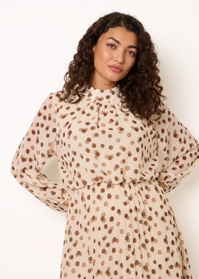 Blue Vanilla Ivory Shadow Polka Dot High Neck Pleated Dress