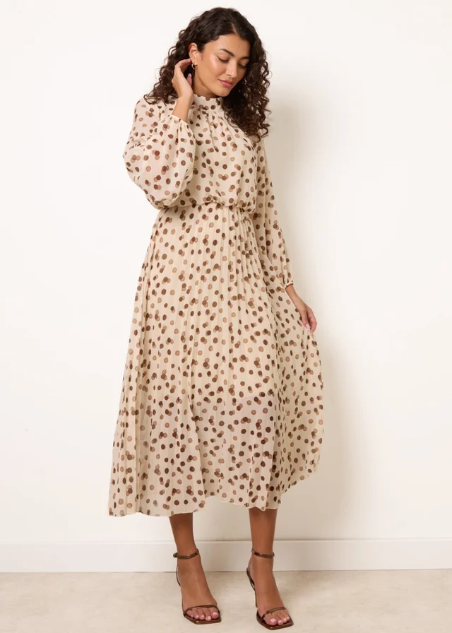 Blue Vanilla Ivory Shadow Polka Dot High Neck Pleated Dress