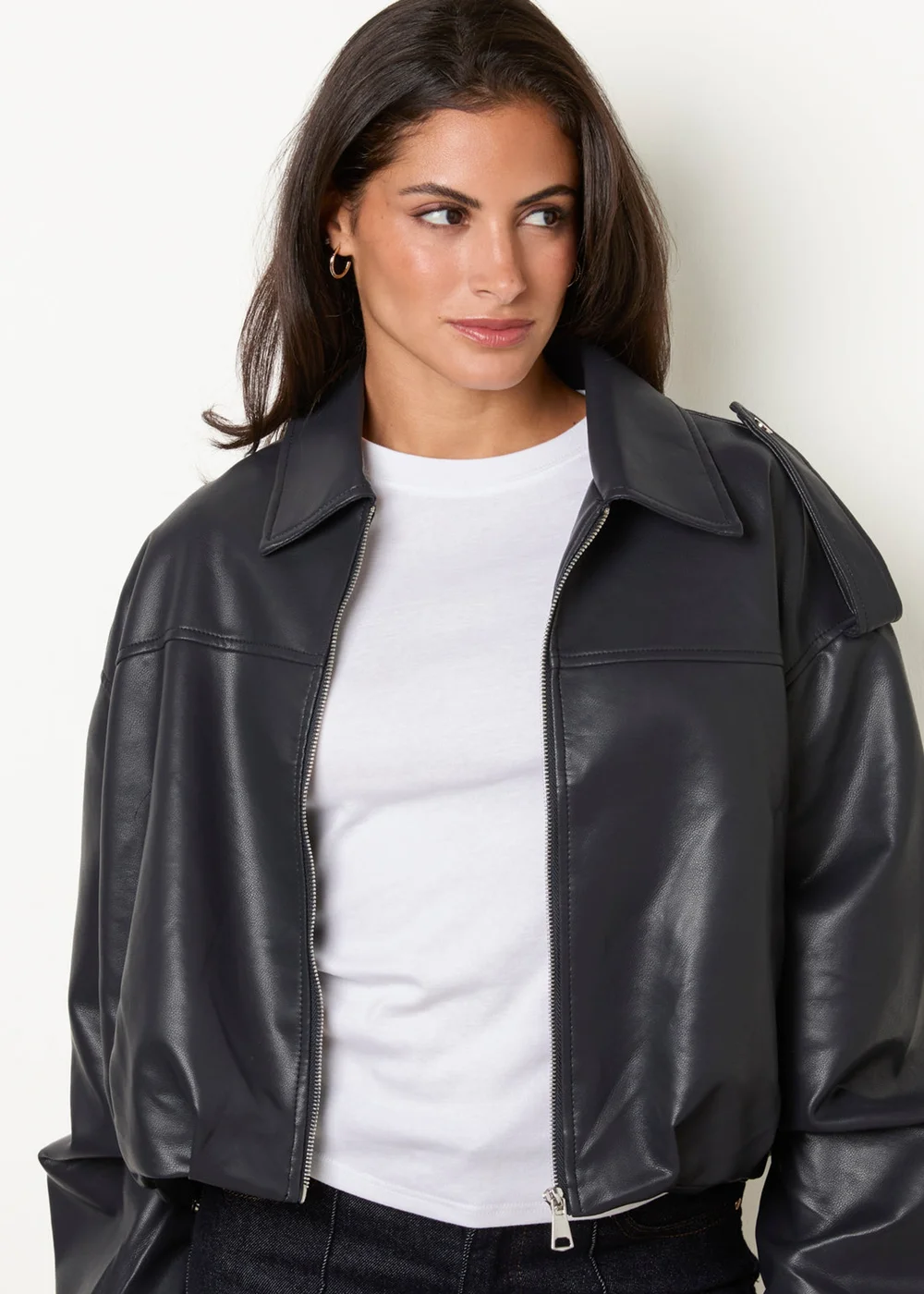 Blue Vanilla Navy Puffball Zip Front PU Leather Jacket - M Image 2