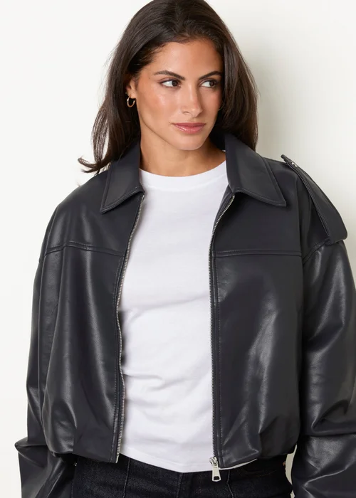 Blue Vanilla Navy Puffball Zip Front PU Leather Jacket - M Image 2