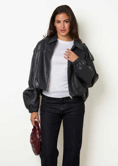 Blue Vanilla Navy Puffball Zip Front PU Leather Jacket - M Image 1