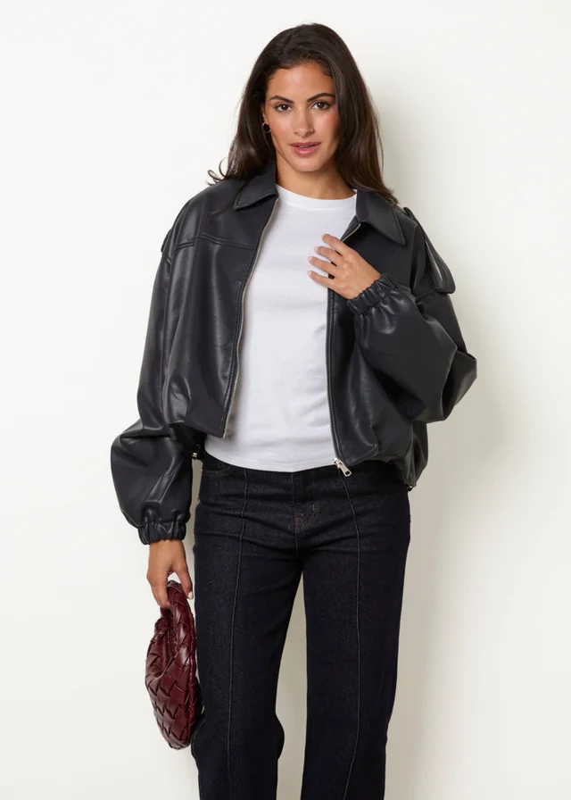 Blue Vanilla Navy Puffball Zip Front PU Leather Jacket