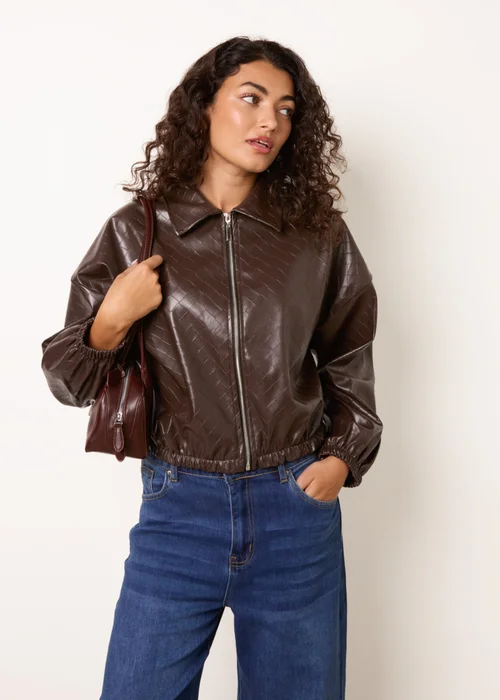 Blue Vanilla Brown Square Collar Zipper PU Leather Bomber Jacket - S/M Image 1
