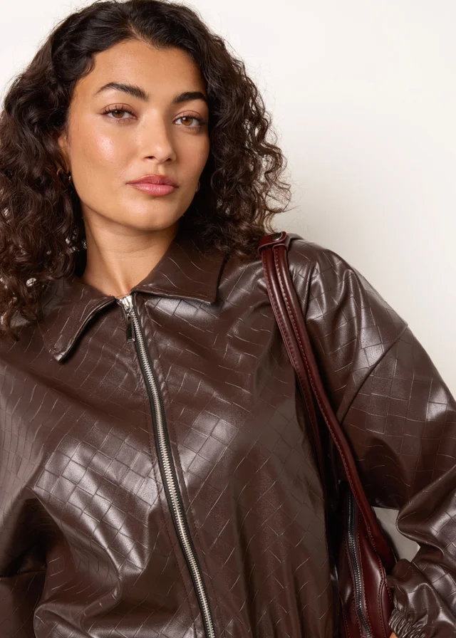 Blue Vanilla Brown Square Collar Zipper PU Leather Bomber Jacket