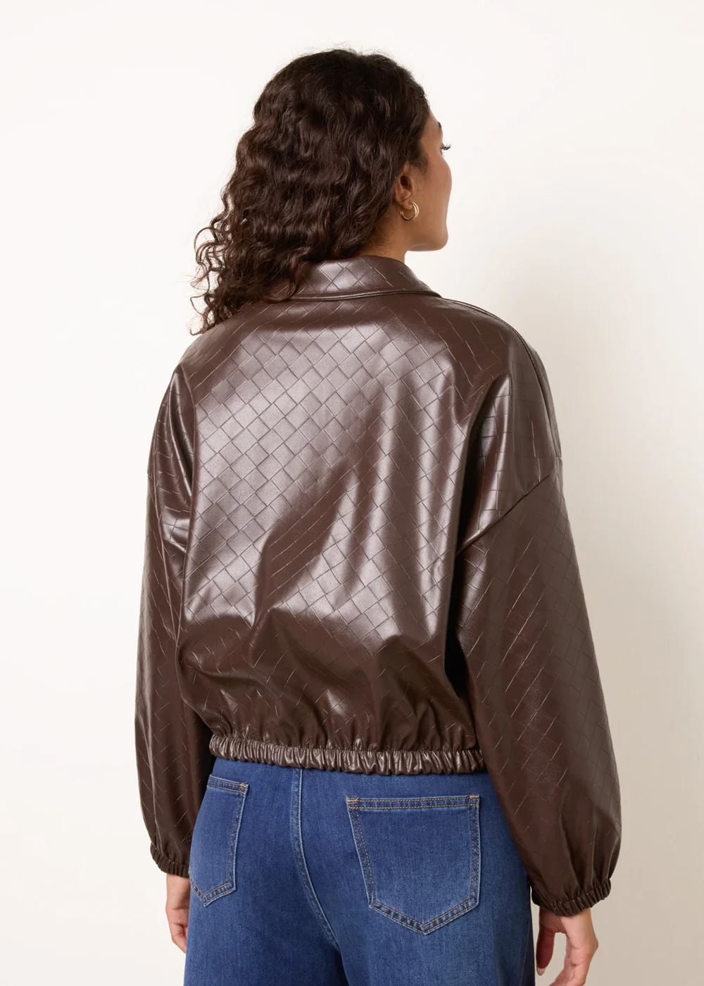 Blue Vanilla Brown Square Collar Zipper PU Leather Bomber Jacket - S/M Image 4