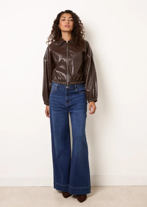 Blue Vanilla Brown Square Collar Zipper PU Leather Bomber Jacket - S/M Image 3