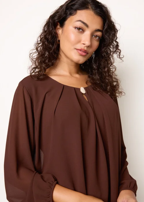Blue Vanilla Brown Puffball Round Neck Marble Button Blouse - S/M Image 3