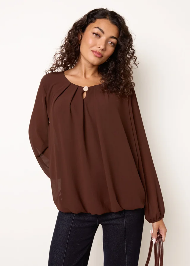 Blue Vanilla Brown Puffball Round Neck Marble Button Blouse