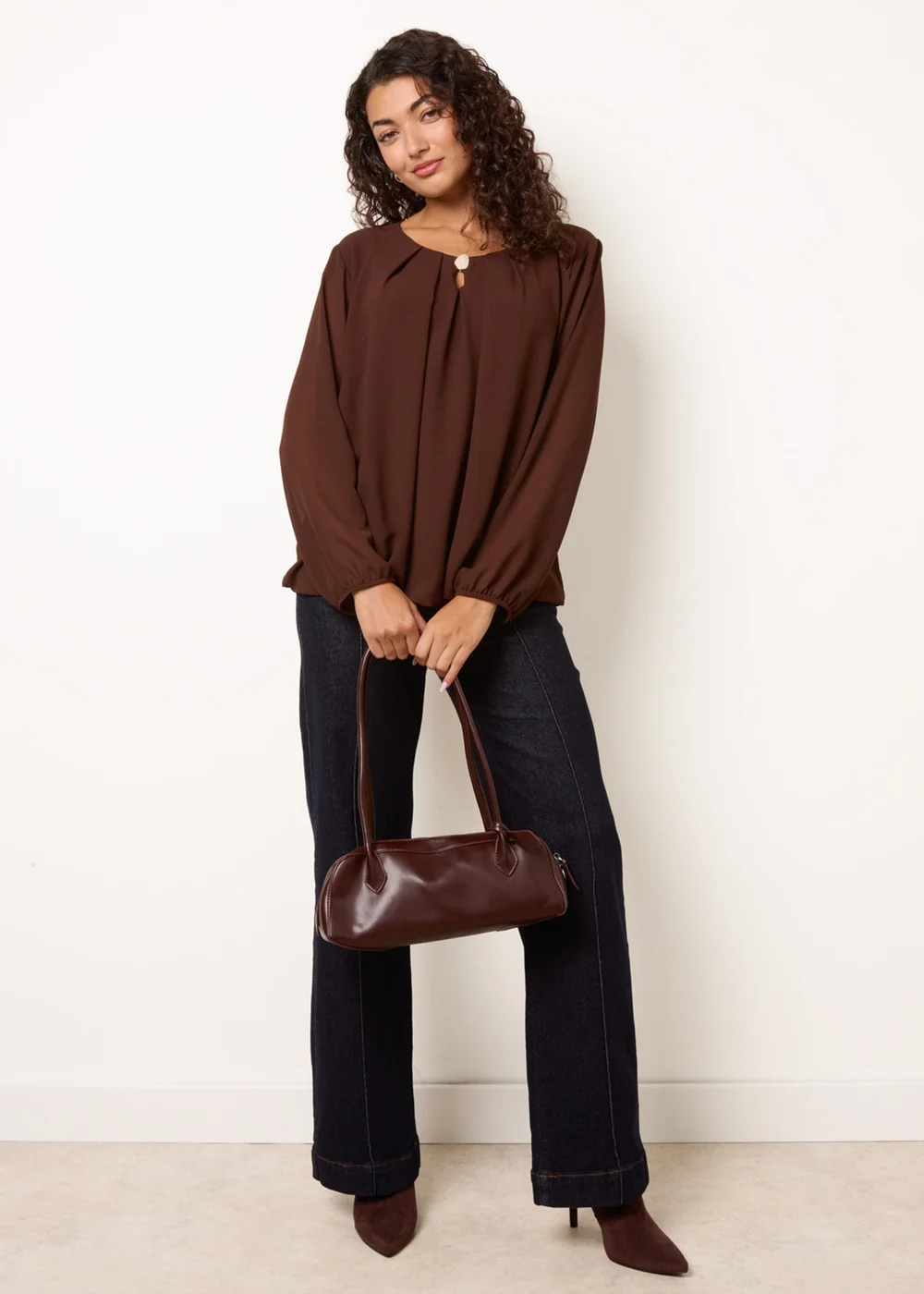 Blue Vanilla Brown Puffball Round Neck Marble Button Blouse - S/M Image 2