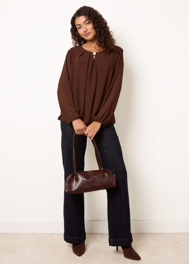 Blue Vanilla Brown Puffball Round Neck Marble Button Blouse