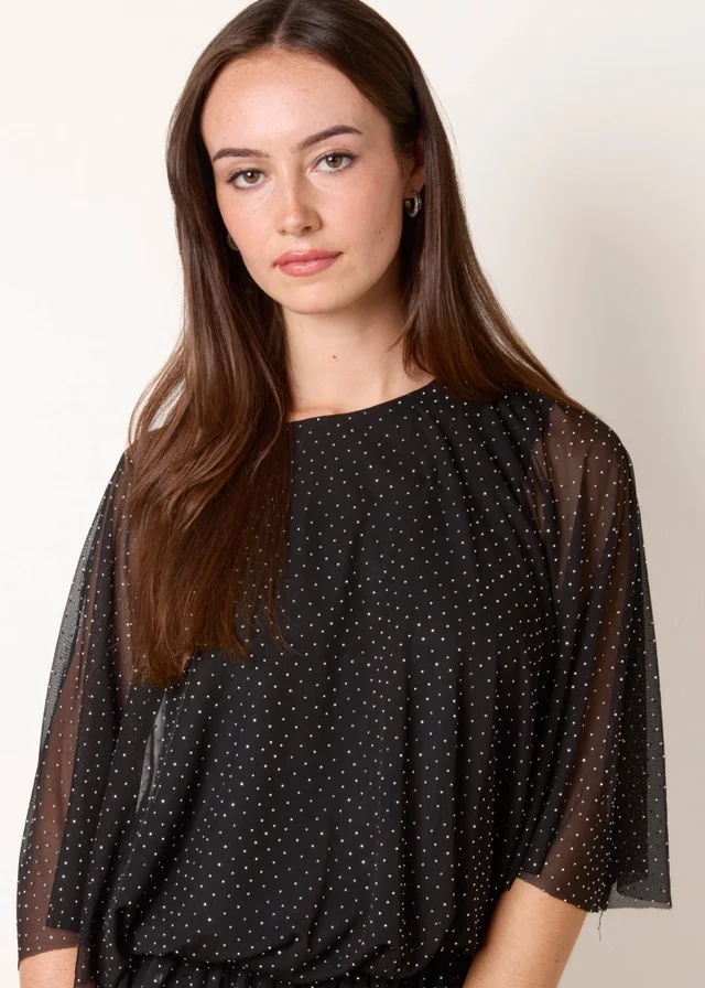 Blue Vanilla Black Mesh Diamante Batwing Top