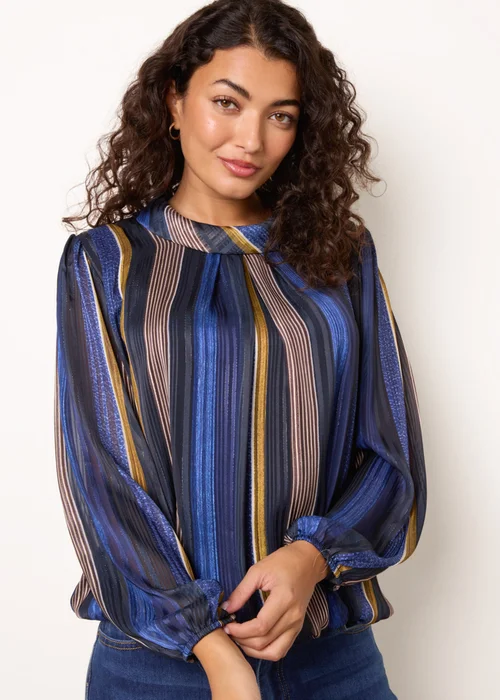 Blue Vanilla Navy Metallic Vertical Multi Stripe Cowl Neck Blouse - S/M Image 2