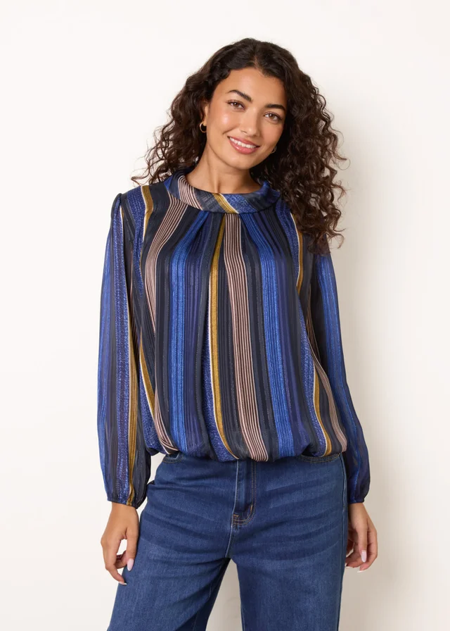 Blue Vanilla Navy Metallic Vertical Multi Stripe Cowl Neck Blouse
