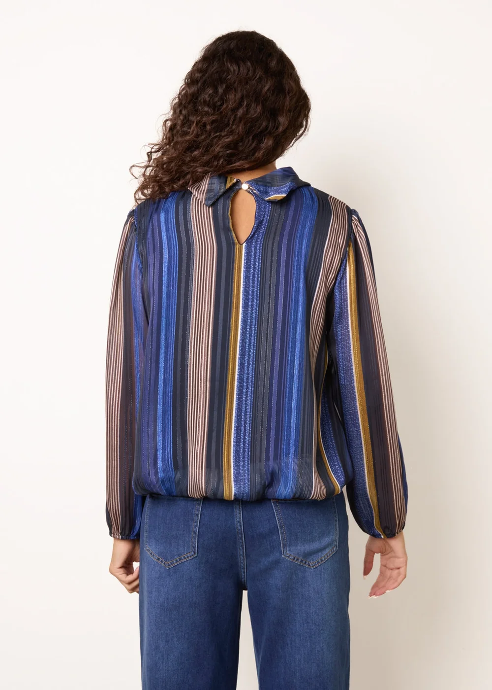 Blue Vanilla Navy Metallic Vertical Multi Stripe Cowl Neck Blouse - S/M Image 4
