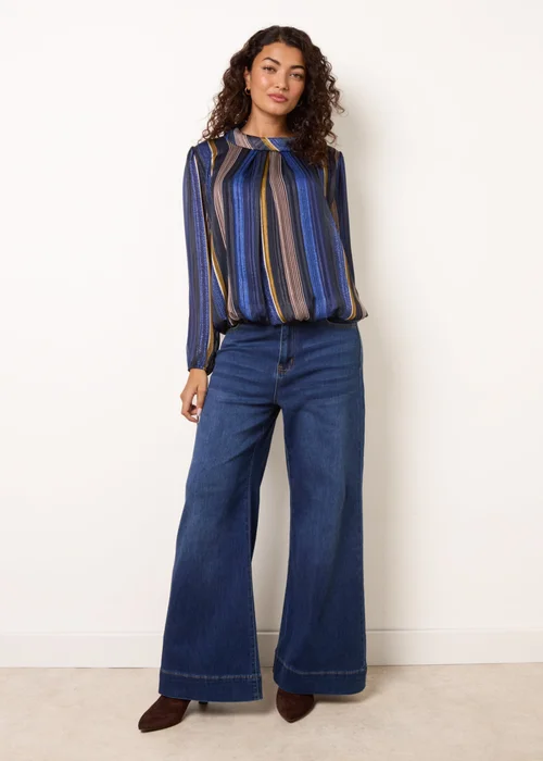 Blue Vanilla Navy Metallic Vertical Multi Stripe Cowl Neck Blouse - S/M Image 3