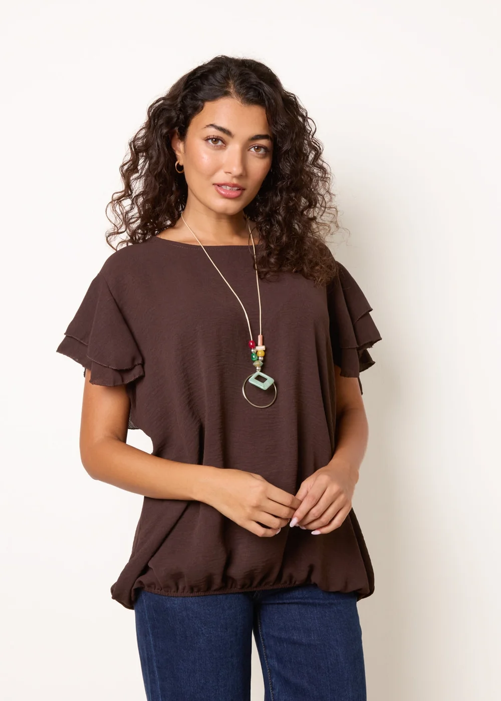 Blue Vanilla Brown Double Frill with Elasticated Hem Top - One Size Image 1