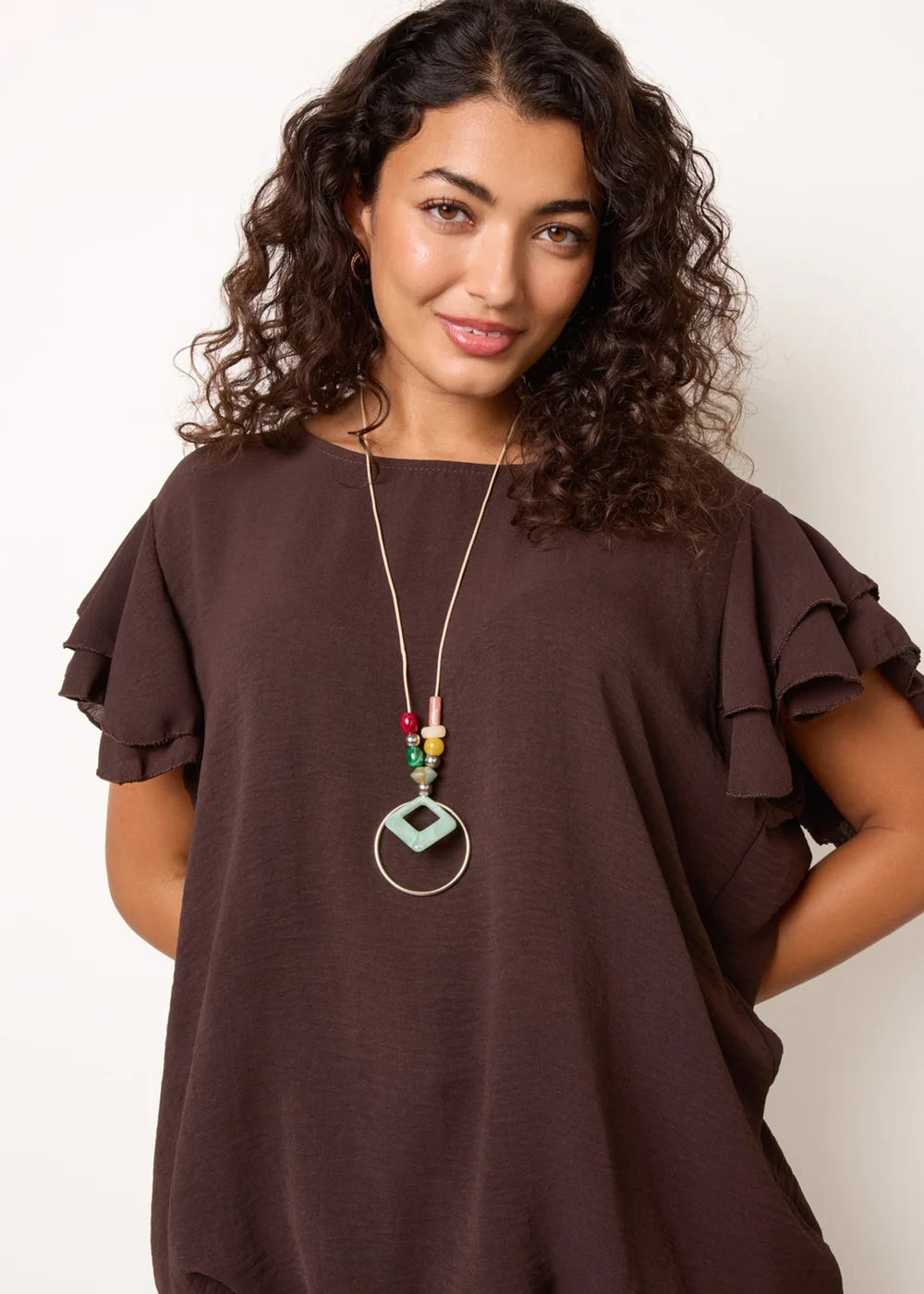 Blue Vanilla Brown Double Frill with Elasticated Hem Top - One Size Image 3