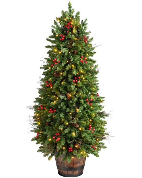 WeRChristmas Green Pre-Lit Potted Artificial Christmas Tree With Pinecones And Red Berries 200 Warm White Leds 4.5 Ft - No Size Image 1