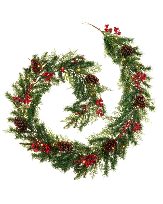 WeRChristmas Red Pre-Lit Artificial Christmas Garland With Pinecones And Red Berries 50 Warm White Leds 9 Ft