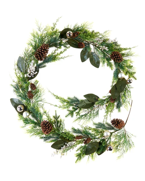 WeRChristmas Green Pre-Lit Mixed-Foliage Artificial Christmas Garland With Berries And Pinecones 50 Warm White Leds 9 Ft - No Size Image 1
