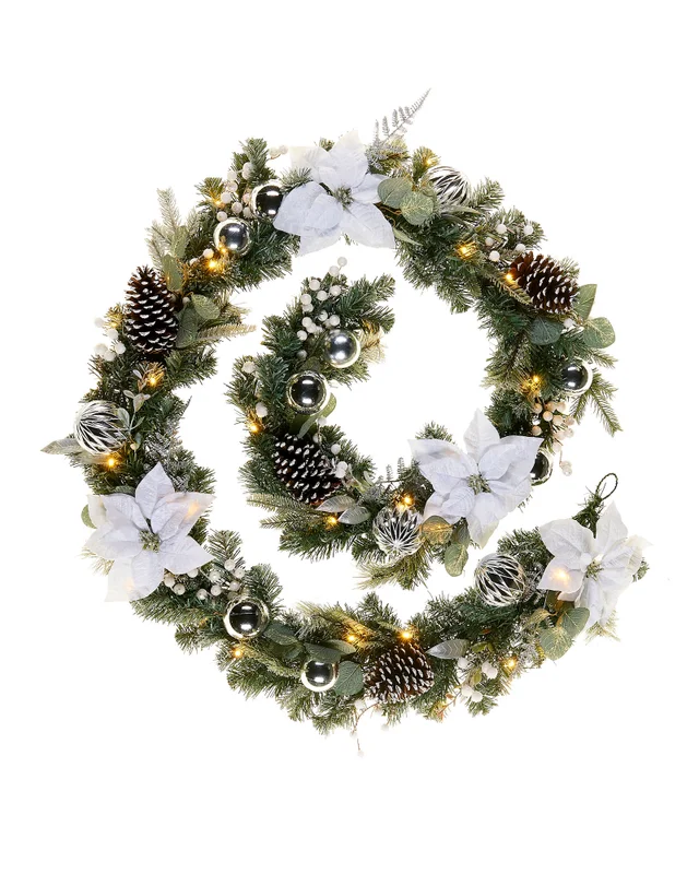 WeRChristmas Multi-Colour Pre-Lit Frosted Silver And White Decorated Artificial Christmas Garland 40 Warm White Leds 9 Ft