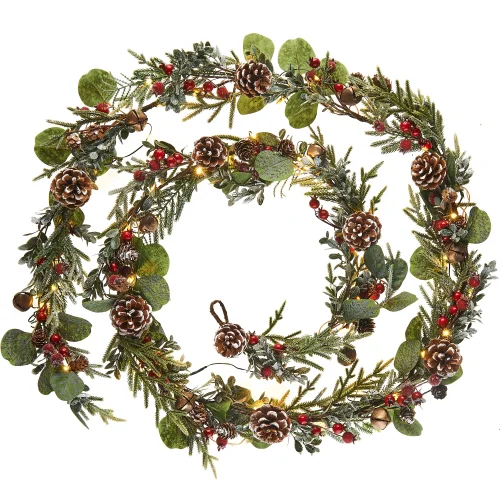WeRChristmas Green Pre-Lit Frosted Artificial Christmas Garland With Eucalyptus Pinecones And Berries 55 Warm White Leds 9 Ft - No Size Image 1