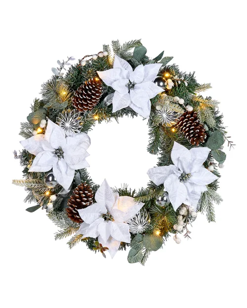WeRChristmas Multi-Colour Pre-Lit Frosted Silver And White Decorated Artificial Christmas Wreath 20 Warm White Leds 60 Cm - No Size Image 1