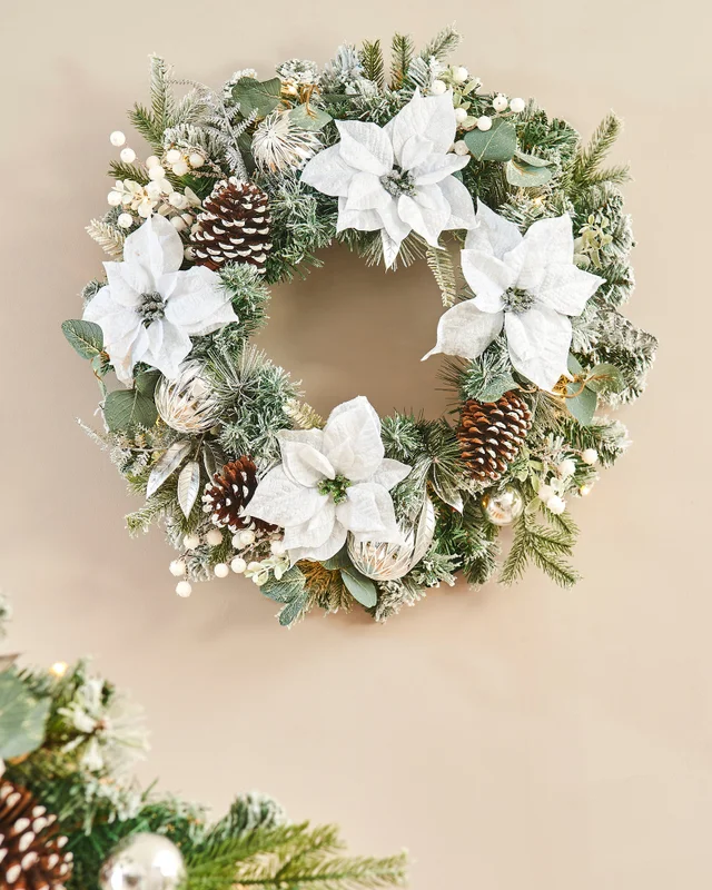 WeRChristmas Multi-Colour Pre-Lit Frosted Silver And White Decorated Artificial Christmas Wreath 20 Warm White Leds 60 Cm