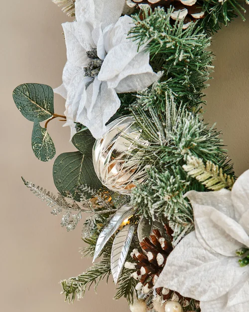 WeRChristmas Multi-Colour Pre-Lit Frosted Silver And White Decorated Artificial Christmas Wreath 20 Warm White Leds 60 Cm - No Size Image 6
