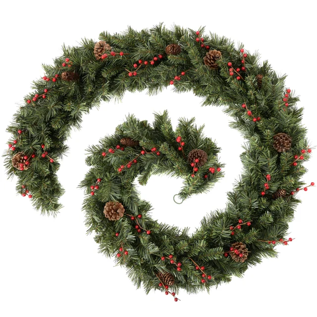 WeRChristmas Green Extra-Thick Mixed Pine Artificial Christmas Garland With Pinecones And Berries 9 Ft