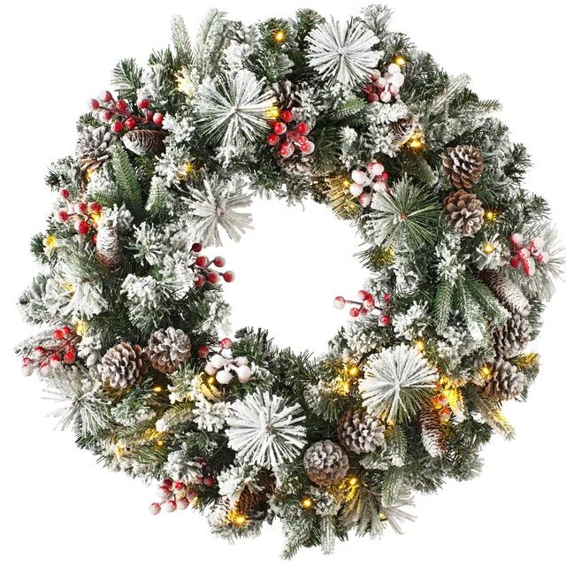 WeRChristmas Multi-Colour Pre-Lit Snow-Flocked Artificial Christmas Wreath With Pinecones And Berries 50 Warm White Leds 76 Cm