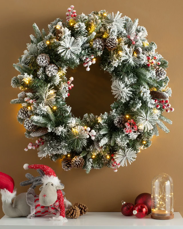 WeRChristmas Multi-Colour Pre-Lit Snow-Flocked Artificial Christmas Wreath With Pinecones And Berries 50 Warm White Leds 76 Cm