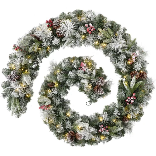 WeRChristmas Green And White Pre-Lit Snow-Flocked Extra-Thick Mixed Pine Artificial Christmas Garland 80 Warm White Leds 9 Ft - No Size Image 1
