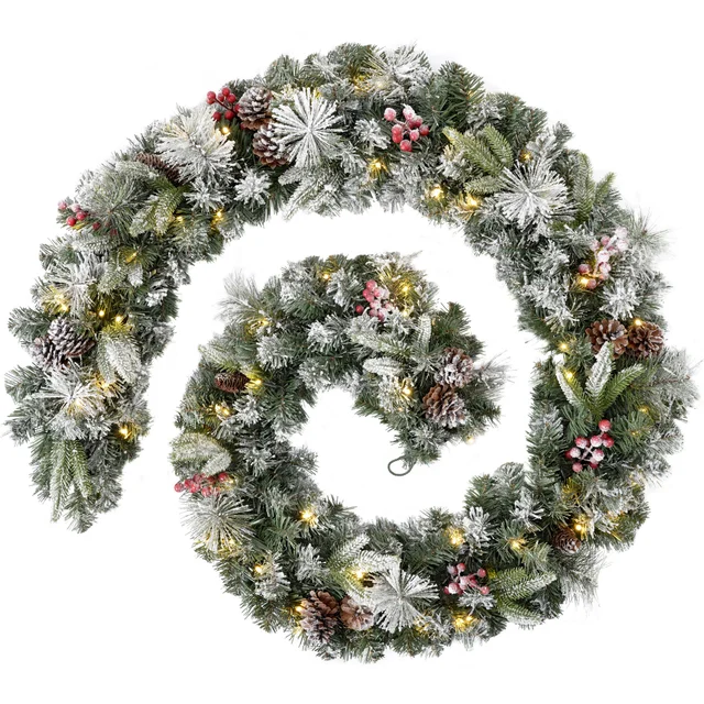 WeRChristmas Green And White Pre-Lit Snow-Flocked Extra-Thick Mixed Pine Artificial Christmas Garland 80 Warm White Leds 9 Ft