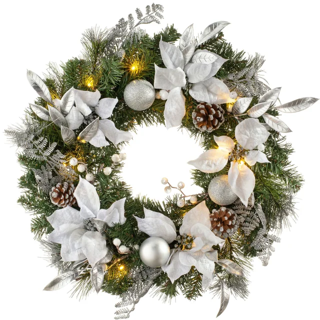 WeRChristmas Multi-Colour Pre-Lit Silver And White Decorated Artificial Christmas Wreath 20 Warm White Leds 60 Cm