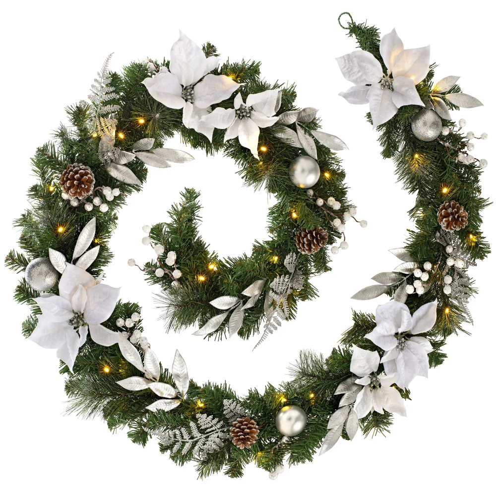 WeRChristmas Multi-Colour Pre-Lit Silver And White Decorated Artificial Christmas Garland 40 Warm White Leds 9 Ft - One Size Image 1