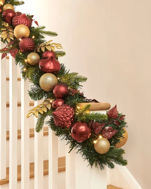 WeRChristmas Multi-Colour Pre-Lit Artificial Christmas Garland With Burgundy And Gold Baubles 100 Warm White Leds 9 Ft - No Size Image 3