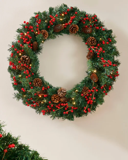 WeRChristmas Red Pre-Lit Artificial Christmas Wreath With Pinecones And Red Berries 50 Warm White Leds 76 Cm - No Size Image 2