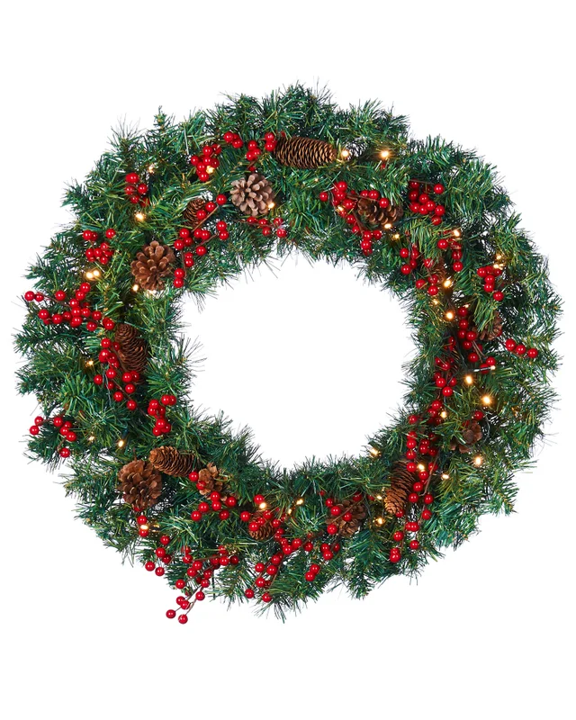 WeRChristmas Red Pre-Lit Artificial Christmas Wreath With Pinecones And Red Berries 50 Warm White Leds 76 Cm