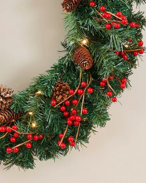 WeRChristmas Red Pre-Lit Artificial Christmas Wreath With Pinecones And Red Berries 50 Warm White Leds 76 Cm - No Size Image 4